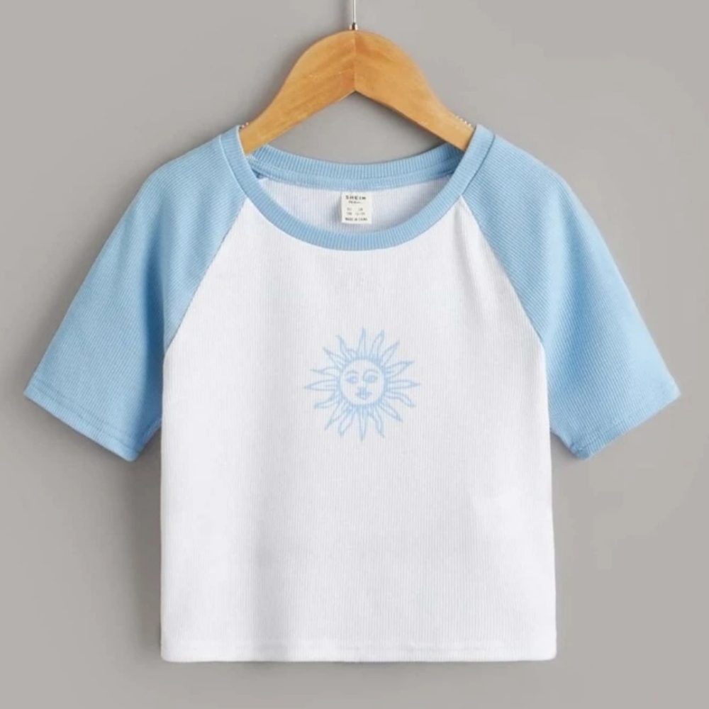 SHEIN Teen Girls Colorblock Raglan Sleeve Sun Print Tee 14y